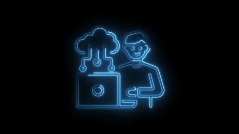 Cloud computing neon concept man using laptop with data transfer technology on Stock Footage 330772925