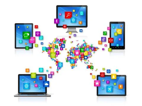 Cloud Computing Network 3D Computer devices isolated on white with apps ic... Stock Photos