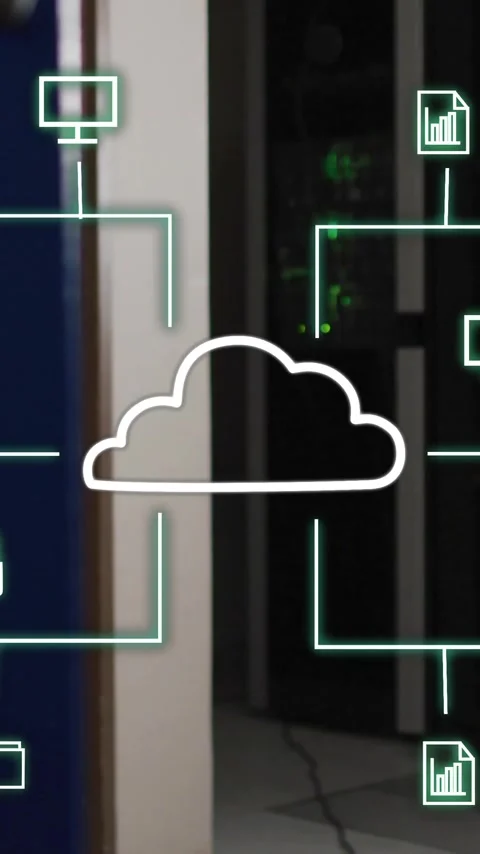 Cloud computing network animating over server room background Stock Footage 342677250