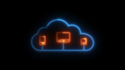 Cloud computing network animation with connected digital devices and neon lines Stock Footage 335691412