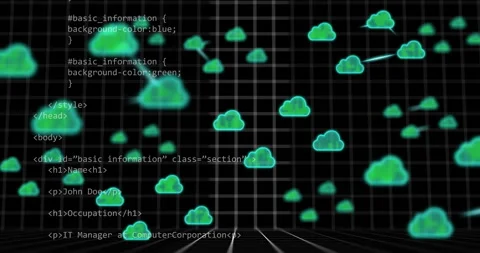 Cloud computing network animation over HTML and CSS code on grid background Stock Footage 306817247