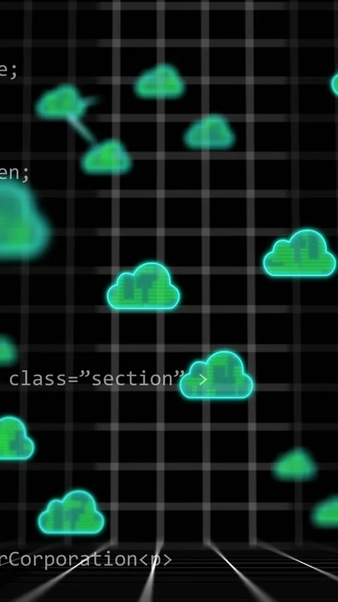 Cloud computing network animation over HTML and CSS code on grid background Stock Footage 342997212