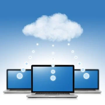 Cloud computing network concept. notebook with cloud isolated on white Illustrazione stock