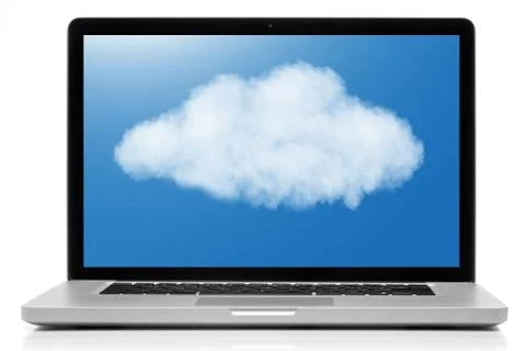 Cloud computing network concept. notebook with cloud isolated on white Stock Photos