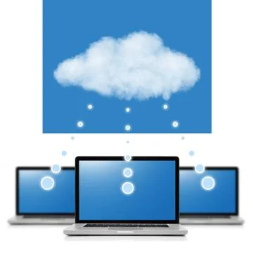 Cloud computing network concept. notebooks linked with cloud isolated on whit Stockillustratie
