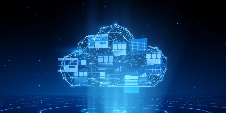 Cloud Computing Network with Connected Digital Application Windows Ilustração Stock