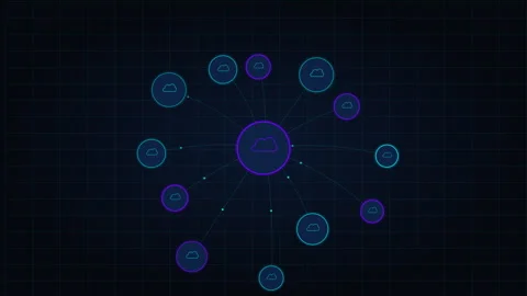 Cloud Computing Network Hub with Glowing Data Particles Connecting Nodes on Stock Footage 348328740