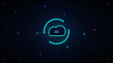 Cloud computing network hud interface with rotating data nodes and digital .. Stock Footage 337565276