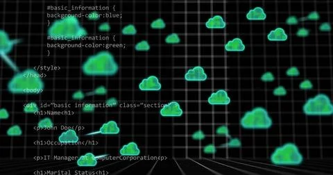 Cloud computing network image over HTML and CSS code on grid background Stock Illustration