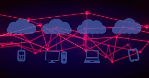 Cloud computing network image over various electronic devices connected by red 스톡 사진