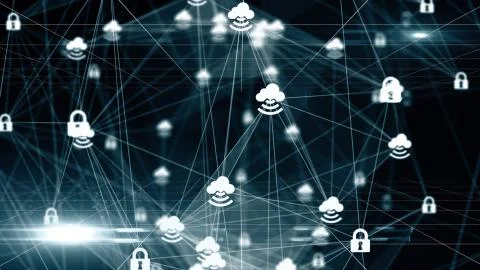 Cloud computing network infrastructure cloud mobile big data polygon 3D render Stock Illustration