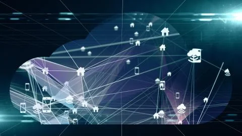 Cloud computing network infrastructure cloud mobile big data polygon 3D render Stock Illustration