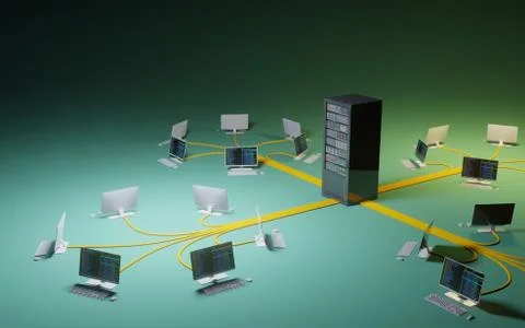 Cloud computing, network infrastructure. Computer workstations connected to d Stock Illustration