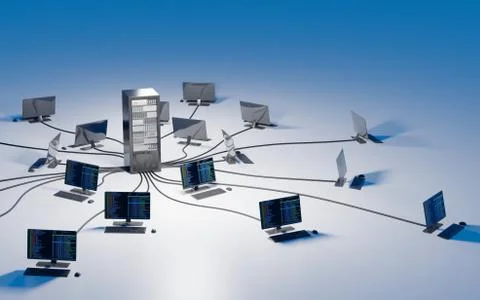 Cloud computing, network infrastructure. Computer workstations connected to d Stock Illustration