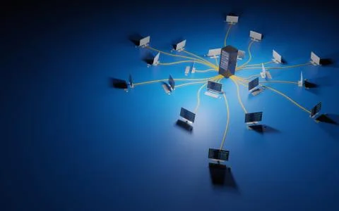 Cloud computing, network infrastructure. Computer workstations connected to d Illustrazione stock