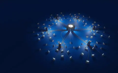 Cloud computing, network infrastructure. Computer workstations connected to d Stock Illustration