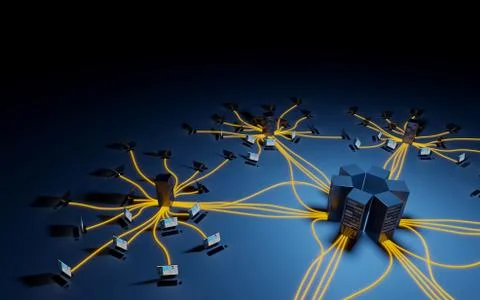 Cloud computing, network infrastructure. Computer workstations connected to d Иллюстрация