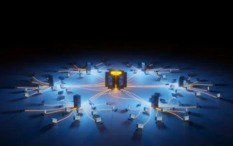 Cloud computing, network infrastructure. Computer workstations connected to d Stock Illustration