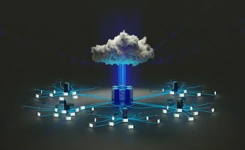 Cloud computing, network infrastructure concept. Digital 3D rendering. Stock Illustration