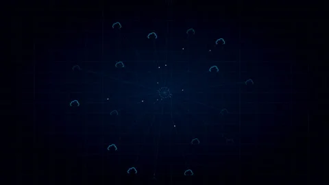 Cloud computing network nodes connecting and orbiting in abstract dark blue Stock Footage 348333190