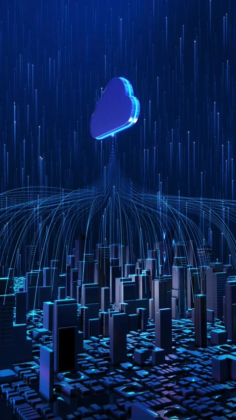 Cloud Computing Network over Futuristic Smart City Infrastructure Stock Footage 342612865