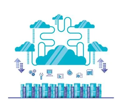 Cloud computing network with servers towers Stock Illustration