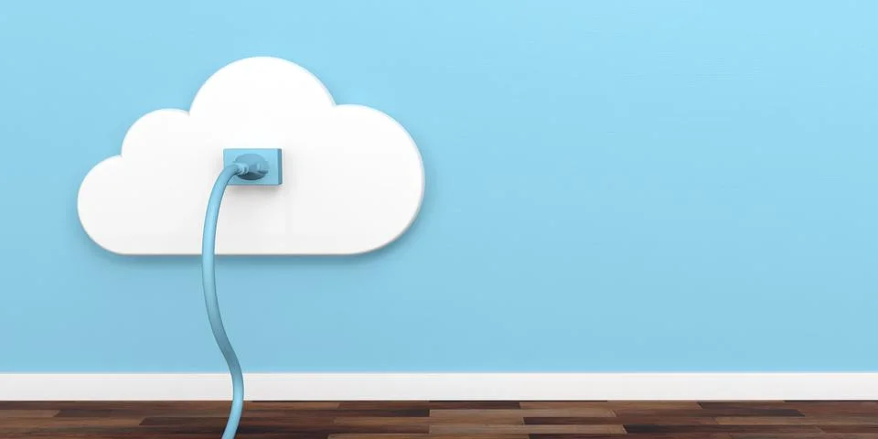 Cloud computing network socket. Plug and socket on blue wall background. 3d i Stock Illustration