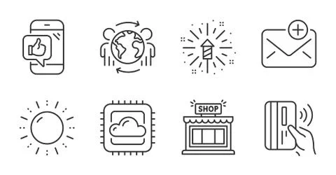 Cloud computing, New mail and Global business icons set. Mobile like, Sun energy Stock Illustration