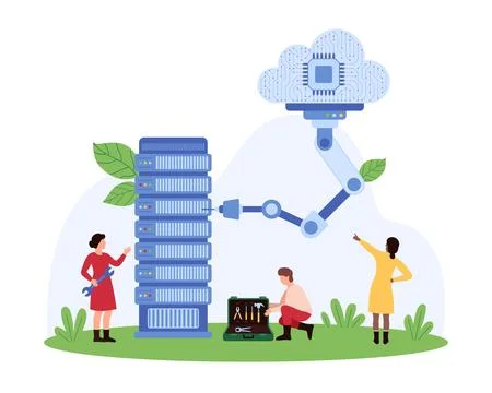 Cloud computing on online server, tiny people work with infrastructure and Stock Illustration
