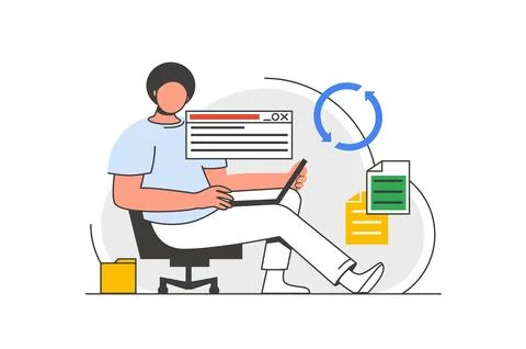 Cloud computing outline web concept with character scene. Man sync document.. Stockillustratie