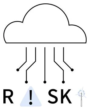 Cloud computing outlined with circuit lines descending, forming word RISK. Id Illustrazione stock