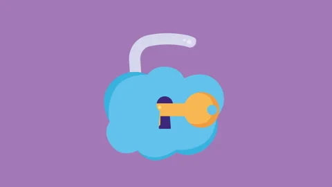 Cloud Computing Padlock with Key Cyber Security 2d Animation with Alpha Matte Stock Footage 336293815