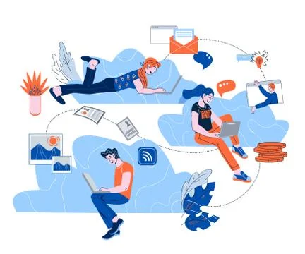 Cloud computing with people using connected mobile devices cartoon vector ill Stock Illustration