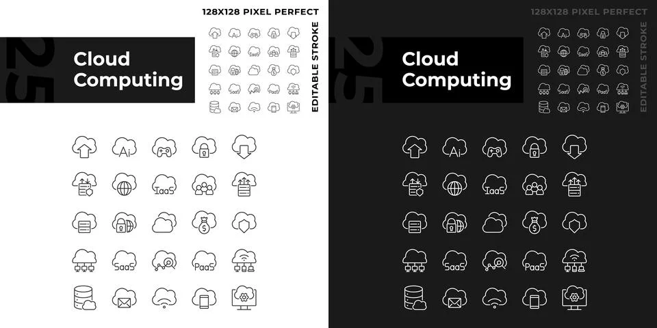 Cloud computing pixel perfect linear icons set for dark, light mode 스톡 일러스트