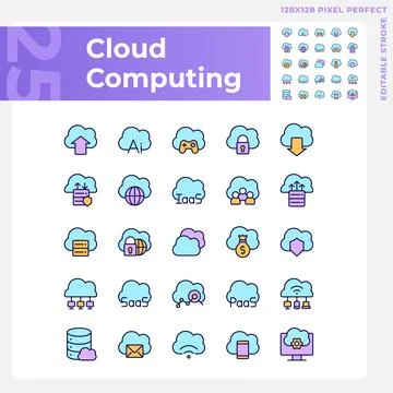 Cloud computing pixel perfect RGB color icons set 库存插图