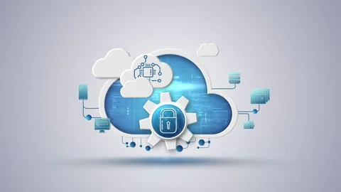 Cloud computing platform securing data with a padlock icon on a gear Stock Footage 325153861