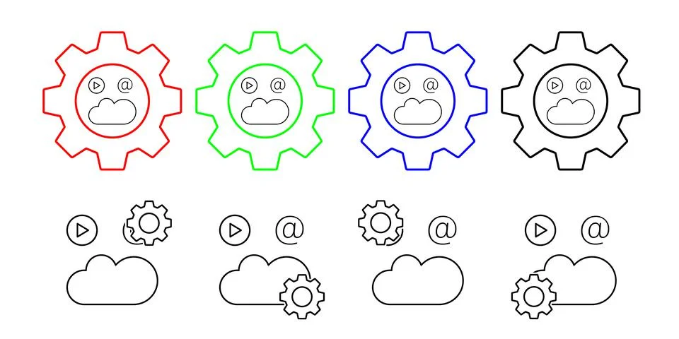 Cloud computing, play, mail vector icon in gear set illustration for ui and ux Stock Illustration