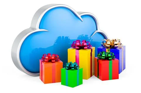 Cloud computing with presents, gift concept. 3D rendering Cloud computing ... Stock Photos