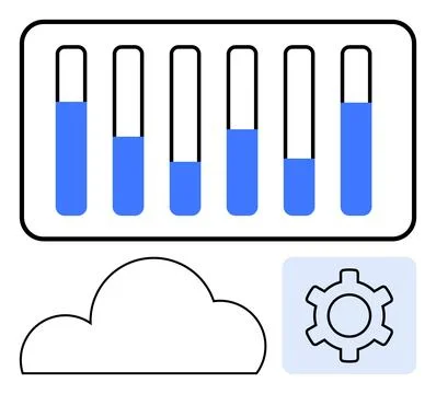 Cloud Computing Process with Data Analysis Bars and Gear Icon Illustrazione stock