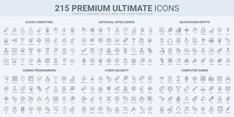 Cloud computing, program development, privacy, data protection thin black line Stock Illustration