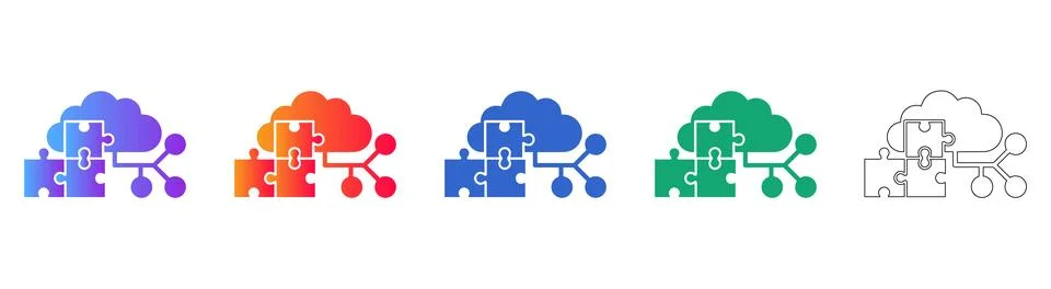 Cloud Computing Puzzle Connection Icons in Gradient and Outline 스톡 일러스트