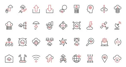 Cloud computing red black thin line data transfer trendy icons set vector Illustrazione stock