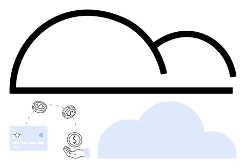 Cloud computing representation with banking card, currency exchange, and digital Stockillustratie