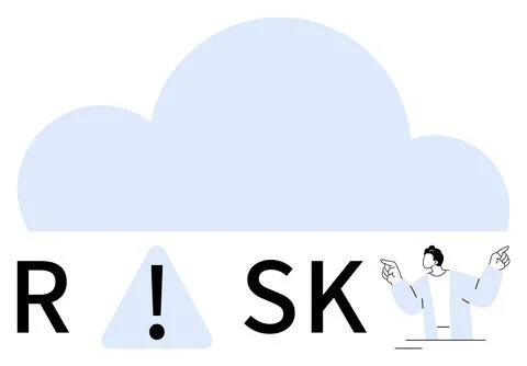 Cloud computing risk concept with alert sign and man pointing to it 스톡 일러스트