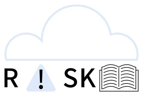 Cloud computing risk management concept with alert triangle and open book ico Ilustración de archivo