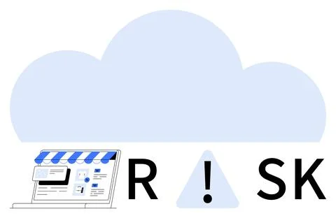 Cloud Computing Risks Highlighted by E-commerce Shop Graphic and Warning Sign Stock Illustration