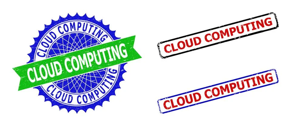 CLOUD COMPUTING Rosette and Rectangle Bicolor Badges with Grunged Surfaces Stock Illustration