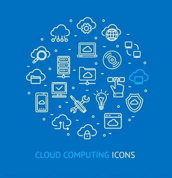 Cloud Computing Round Design Template Thin Line Icon Concept. Vector Stock Illustration