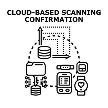 Cloud computing scanning confirming data synchronization across devices 스톡 일러스트