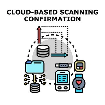 Cloud computing scanning confirming data synchronization across devices 库存插图
